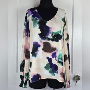 Cabi Purple, Green, Beige and Blue Watercolor Print V Neck Blouse M